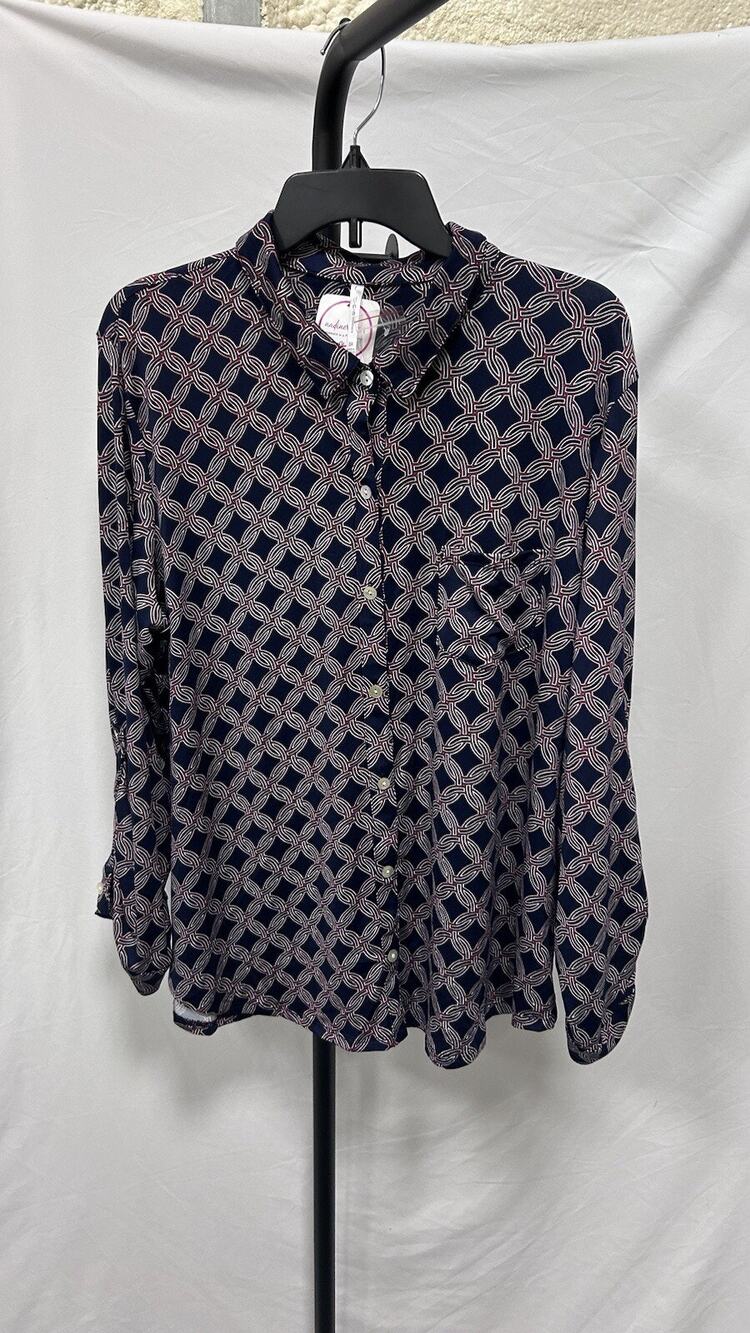 NEW dna couture Women's Navy Red Chain Geometric Long Sleeve Shirt Size 3X